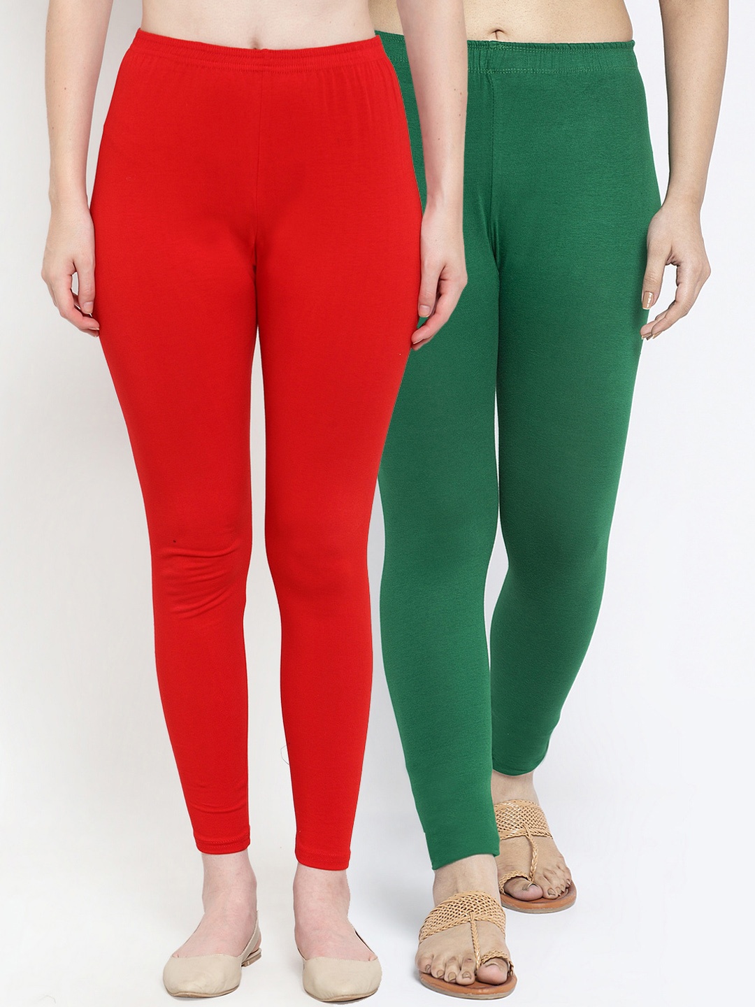 

Jinfo Women Pack Of 2 Red & Green Solid Ankle Length Leggings