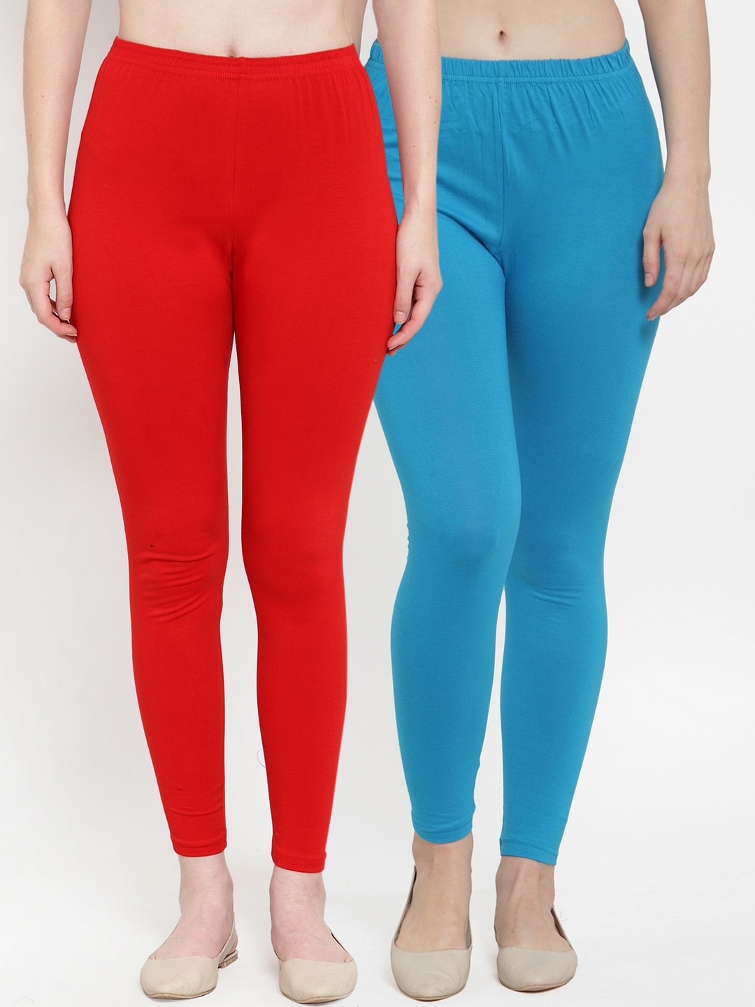 

Jinfo Women Pack of 2 Red and Blue Pure Cotton Solid Leggings