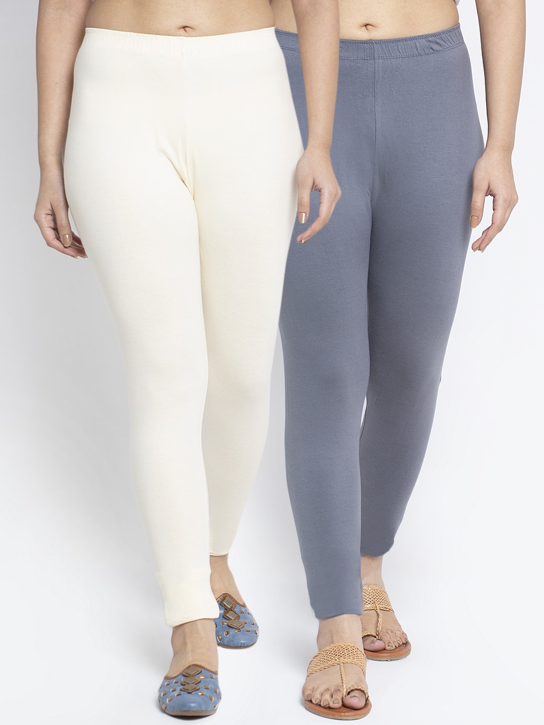 

Jinfo Women Pack Of 2 Grey & Off White Solid Ankle-Length Leggings