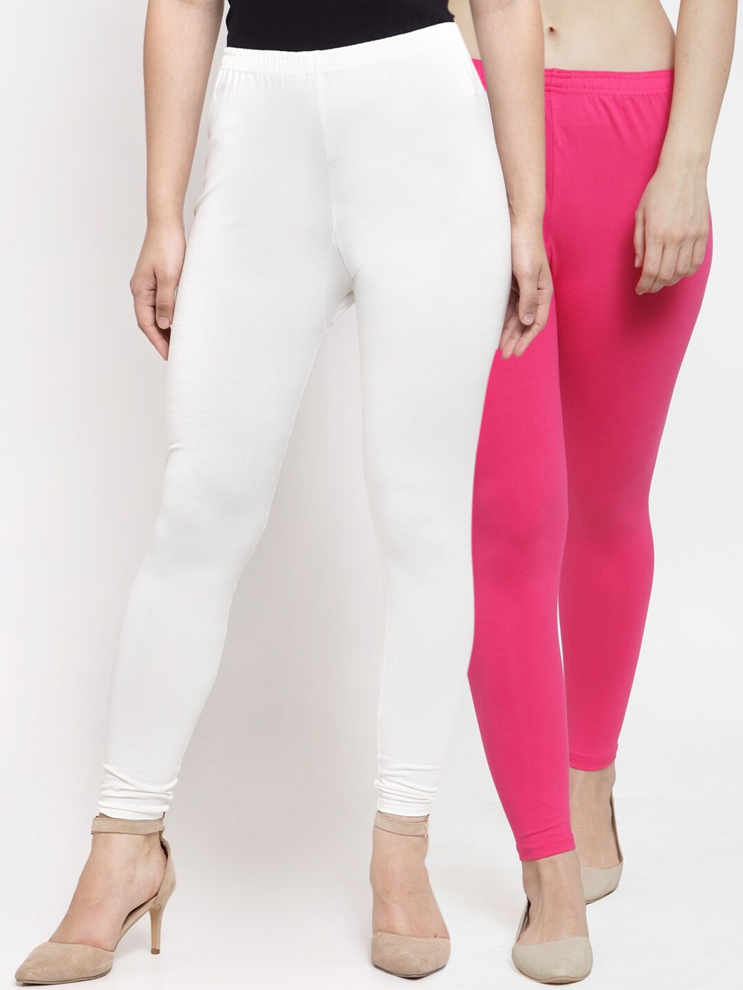 

Jinfo Women Pack Of 2 Solid White & Pink Ankle-Length Leggings