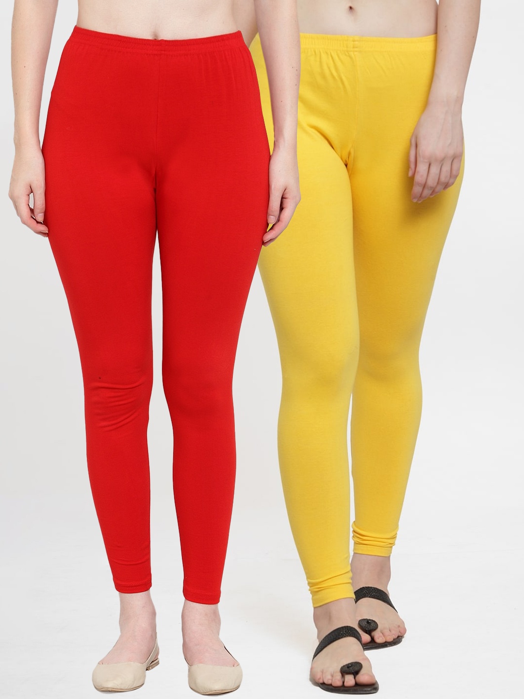 

Jinfo Women Pack Of 2 Red & Yellow Solid Ankle Length Leggings