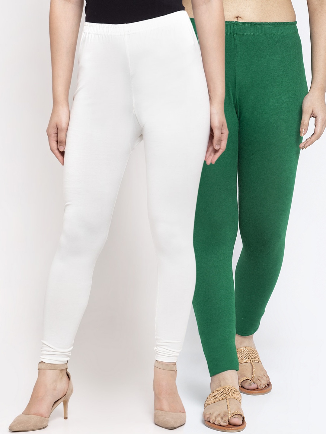 

Jinfo Women Pack Of 2 White and Green Solid Ankle-Length Leggings