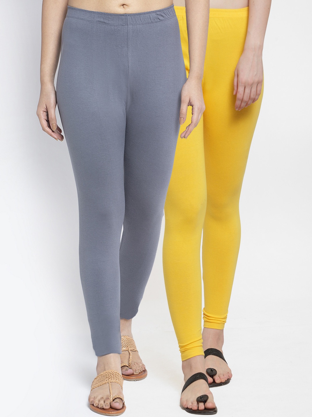 

Jinfo Women Pack Of 2 Grey & Yellow Solid Ankle-Length Leggings