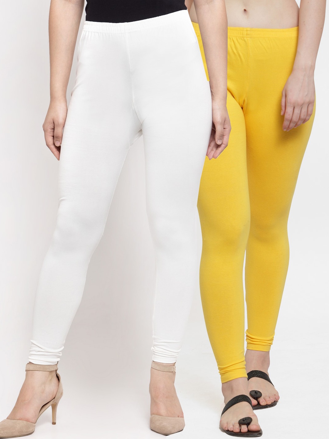 

Jinfo Women White yellow Pack Of 2 White & Yellow Solid Ankle Length Cotton Lycra Leggings