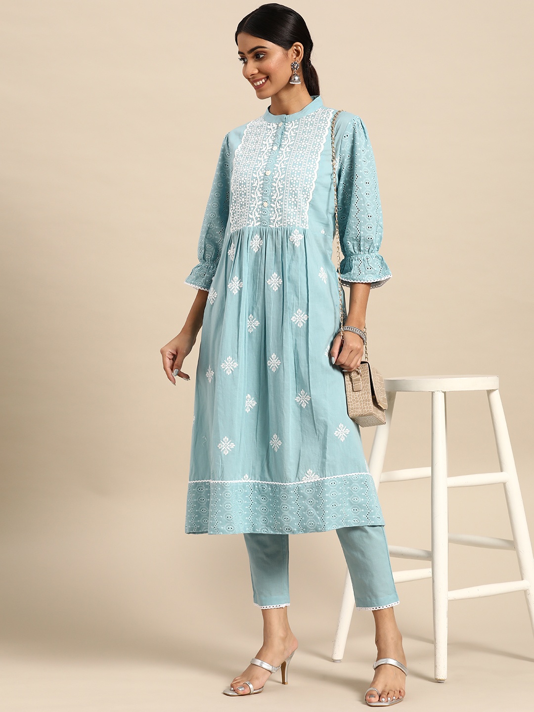 

Sangria Women Blue Embroidered SchiffliPure Cotton Kurta with Trousers