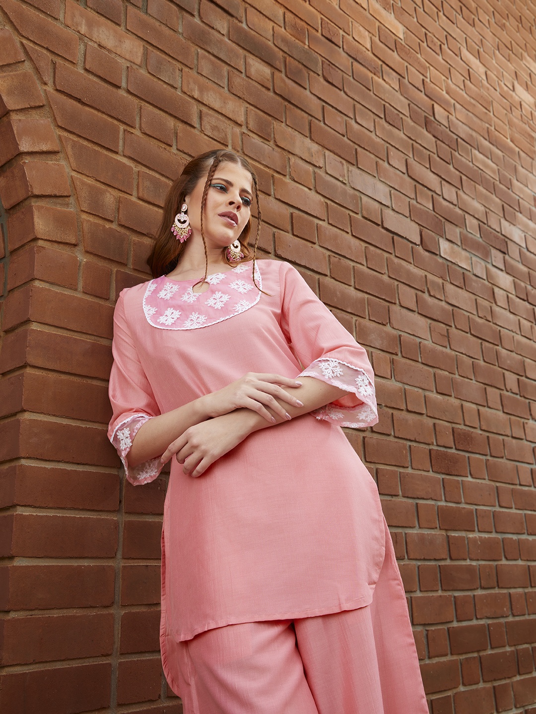 

Sangria Women Pink & White Embroidered Kurta with Palazzos