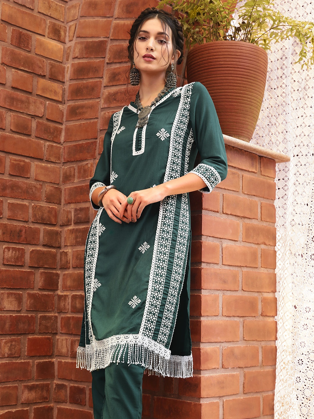 

Sangria Women Green & White Embroidered Kurta with Trousers