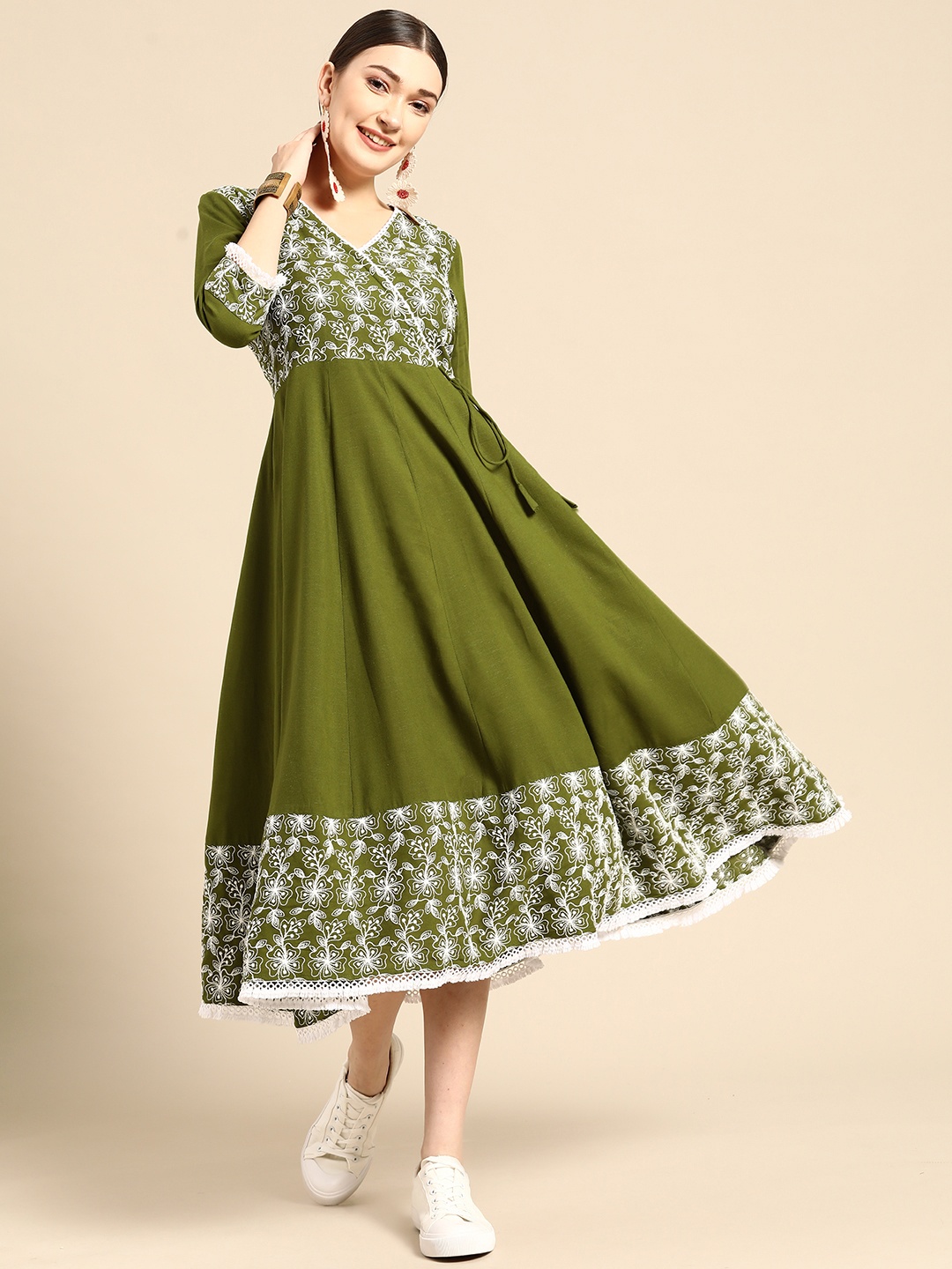 

Sangria Green Floral Embroidered Angrakha Style Ethnic Fit & Flare Dress
