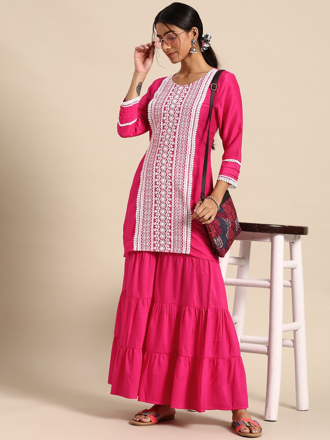 

Sangria Women Ethnic Motifs Embroidered Kurta with Sharara, Pink