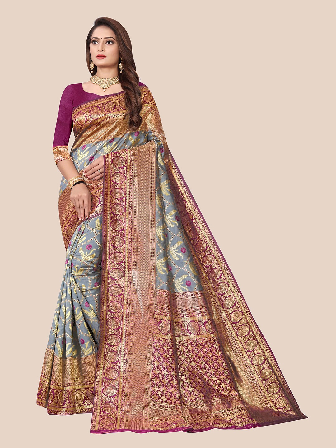

Anjaneya Sarees Women Grey & Gold-Toned Woven Design Zari Banarasi Silk Blend Saree