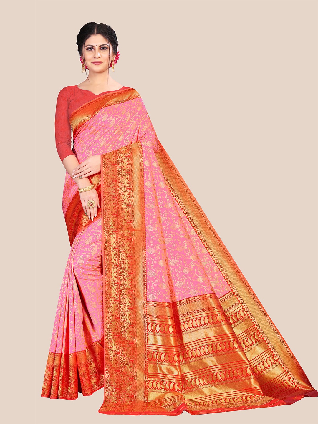 

Anjaneya Sarees Pink & Red Floral Zari Silk Blend Saree