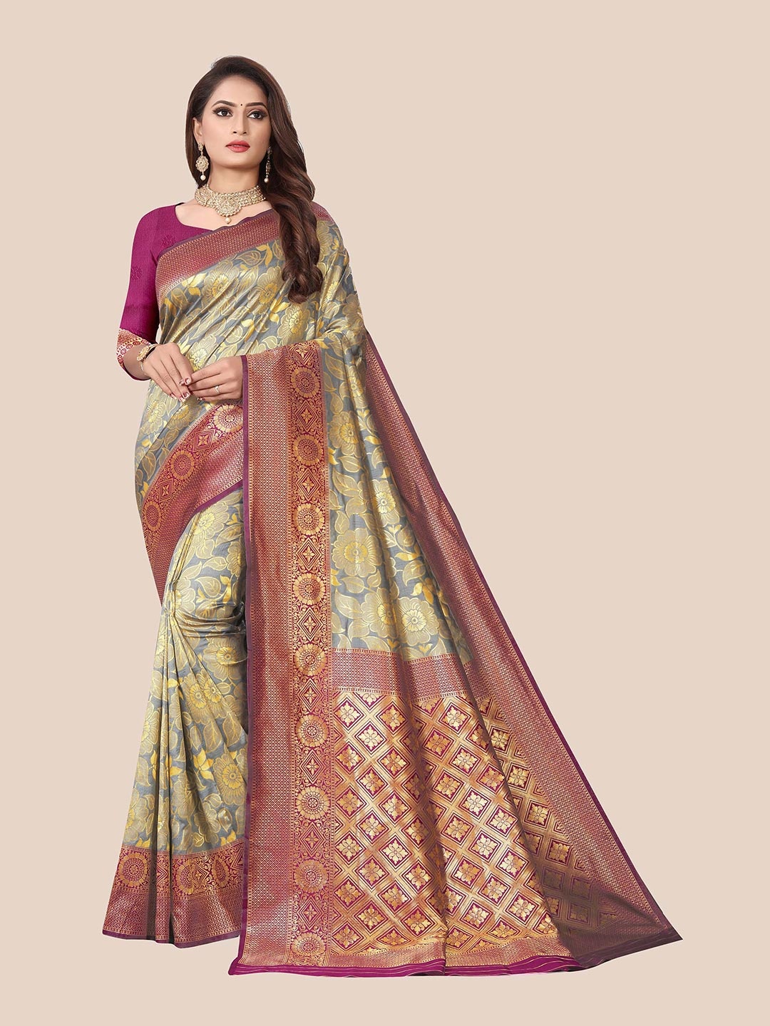 

Anjaneya Sarees Grey & Purple Floral Zari Silk Blend Saree