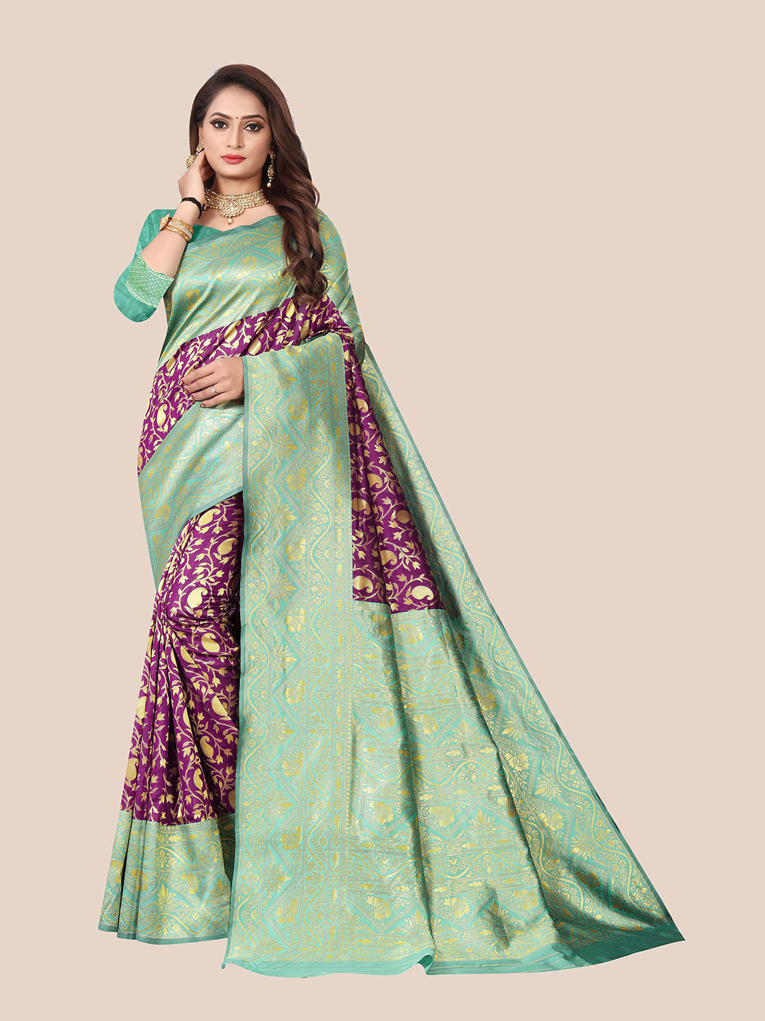 

Anjaneya Sarees Purple & Green Floral Zari Silk Blend Saree