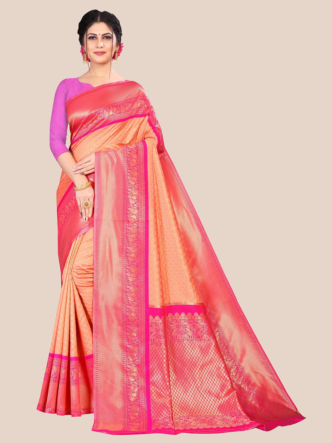 

Anjaneya Sarees Peach-Coloured & Magenta Woven Design Silk Blend Saree