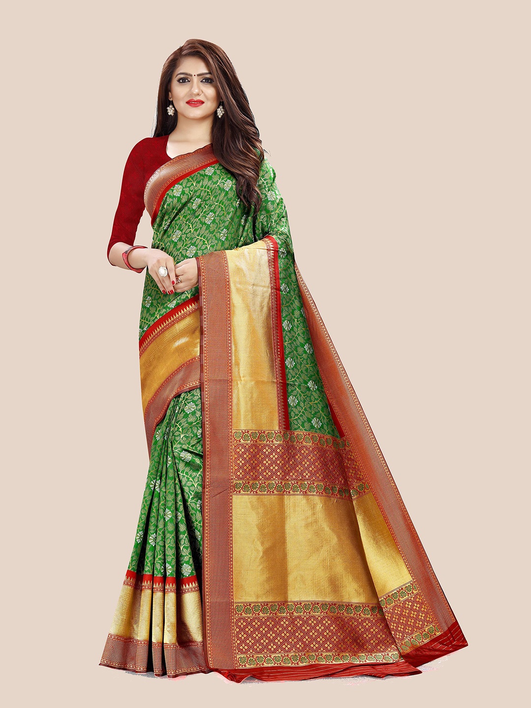 

Anjaneya Sarees Green & Maroon Floral Zari Silk Blend Banarasi Saree