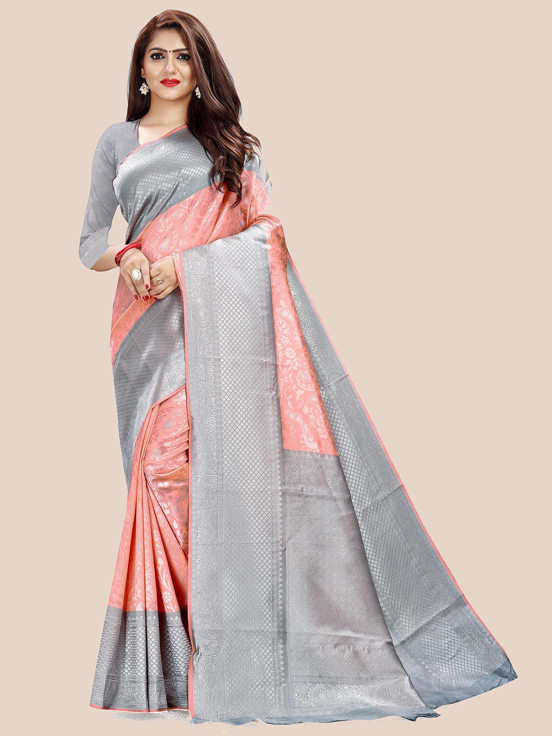 

Anjaneya Sarees Peach-Coloured & Grey Floral Zari Silk Blend Saree