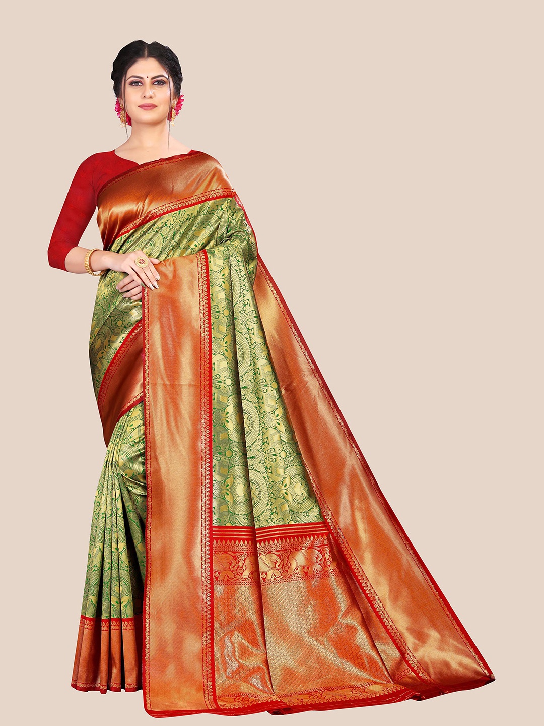 

Anjaneya Sarees Green & Red Woven Design Zari Silk Blend Saree