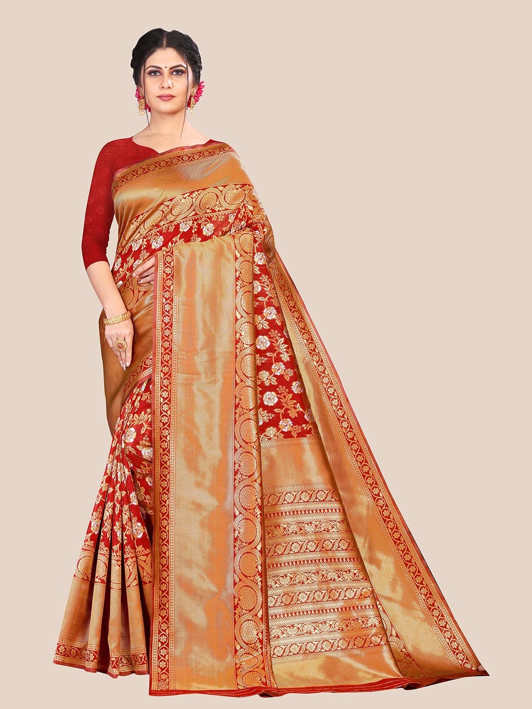 

Anjaneya Sarees Women Red & Gold-Toned Woven Design Banarasi Silk Blend Saree