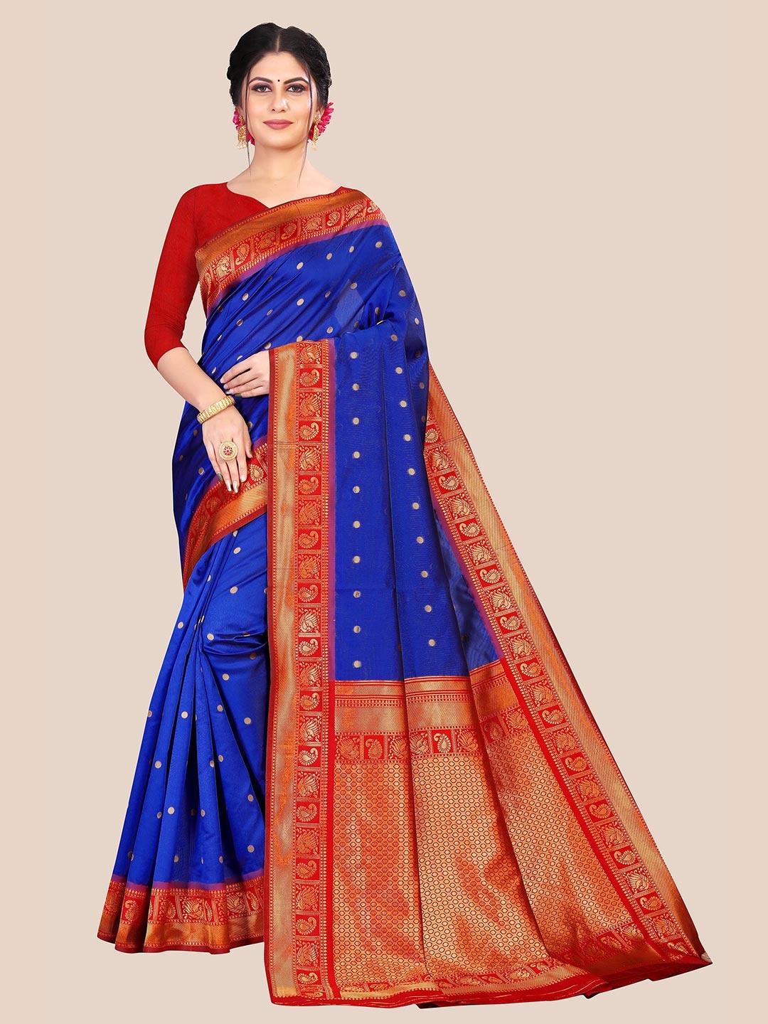 

Anjaneya Sarees Blue & Red Woven Design Zari Silk Blend Saree