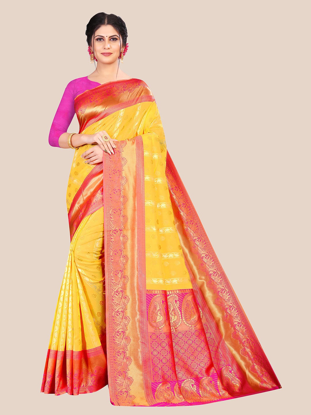 

Anjaneya Sarees Yellow & Magenta Floral Zari Silk Blend Saree