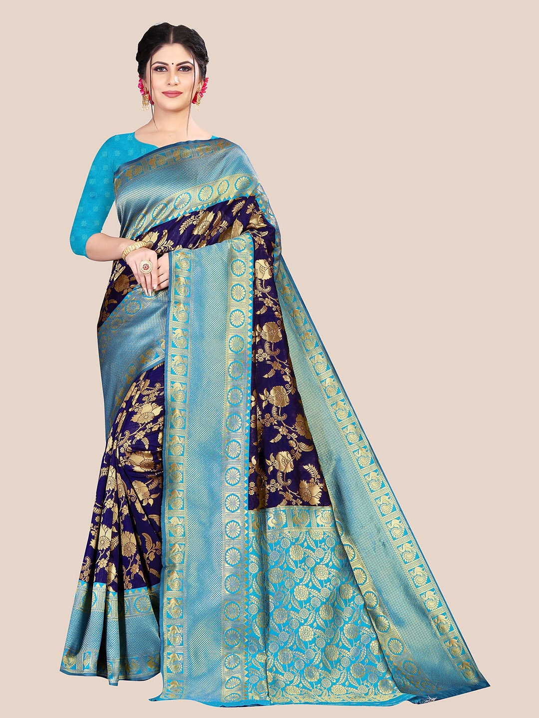 

Anjaneya Sarees Blue & Gold-Toned Woven Design Zari Silk Blend Saree