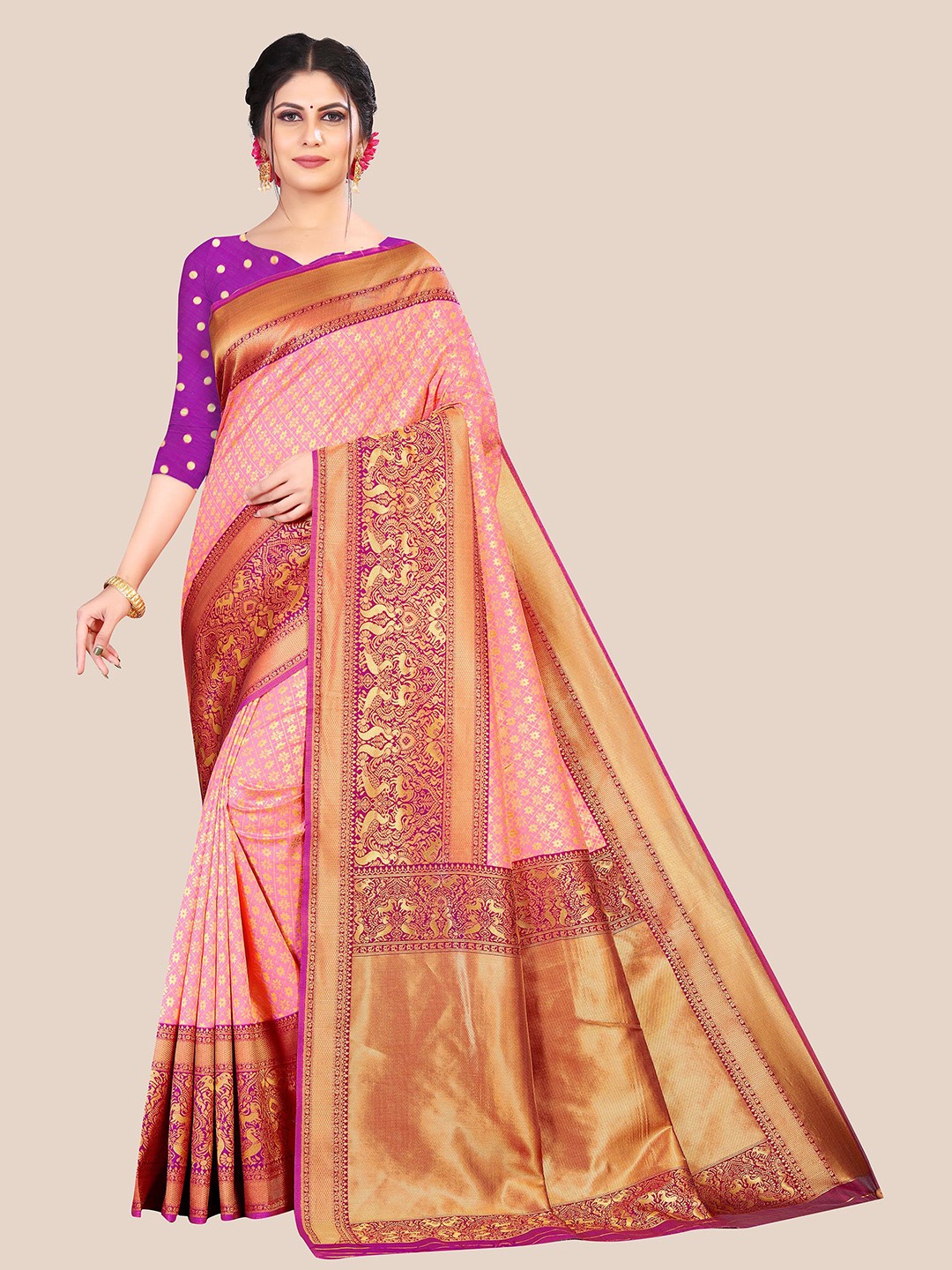 

Anjaneya Sarees Peach-Coloured & Purple Woven Design Zari Silk Blend Saree