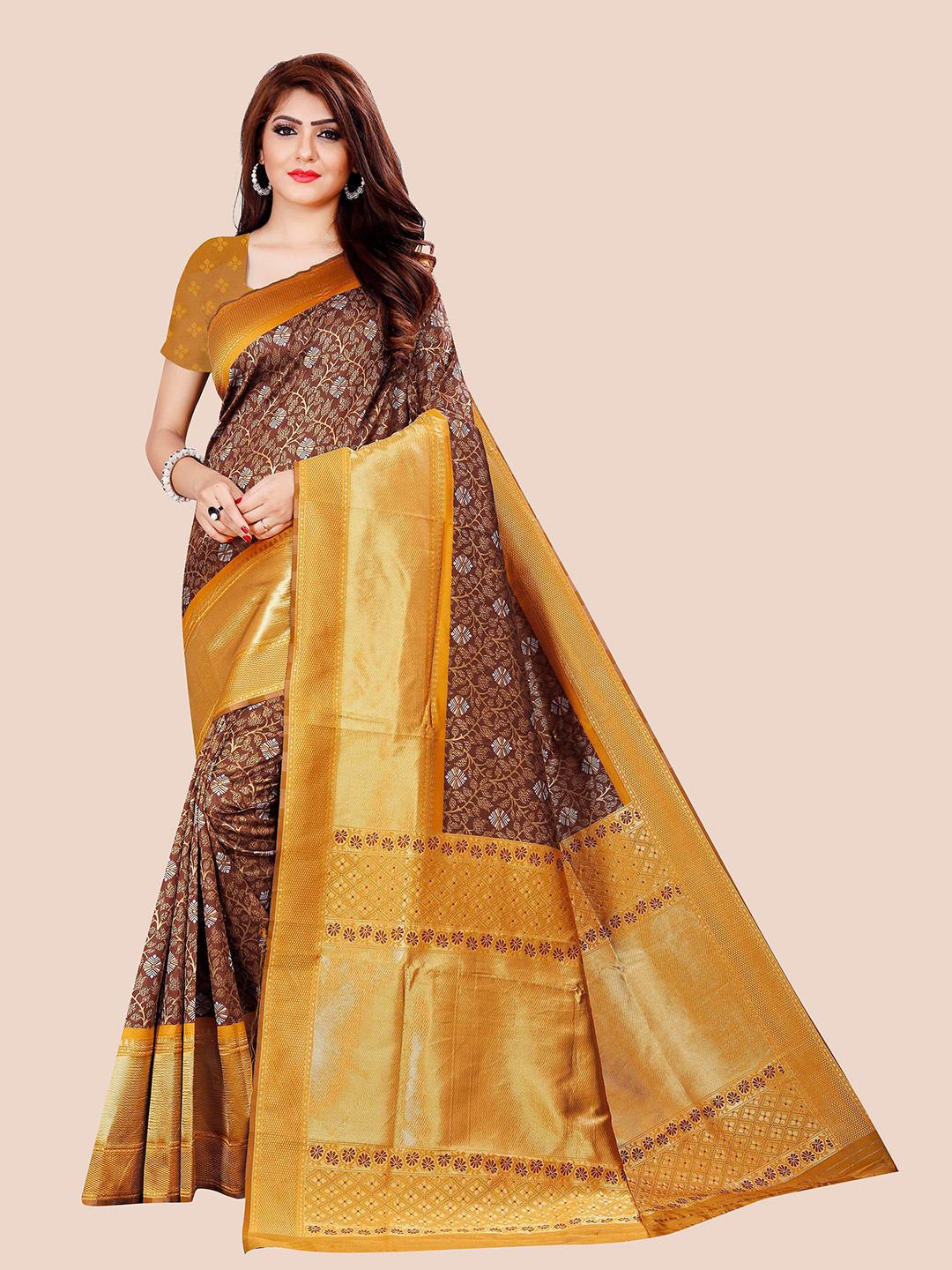 

Anjaneya Sarees Brown & Gold-Toned Women Woven Design Banarasi Silk Blend Saree
