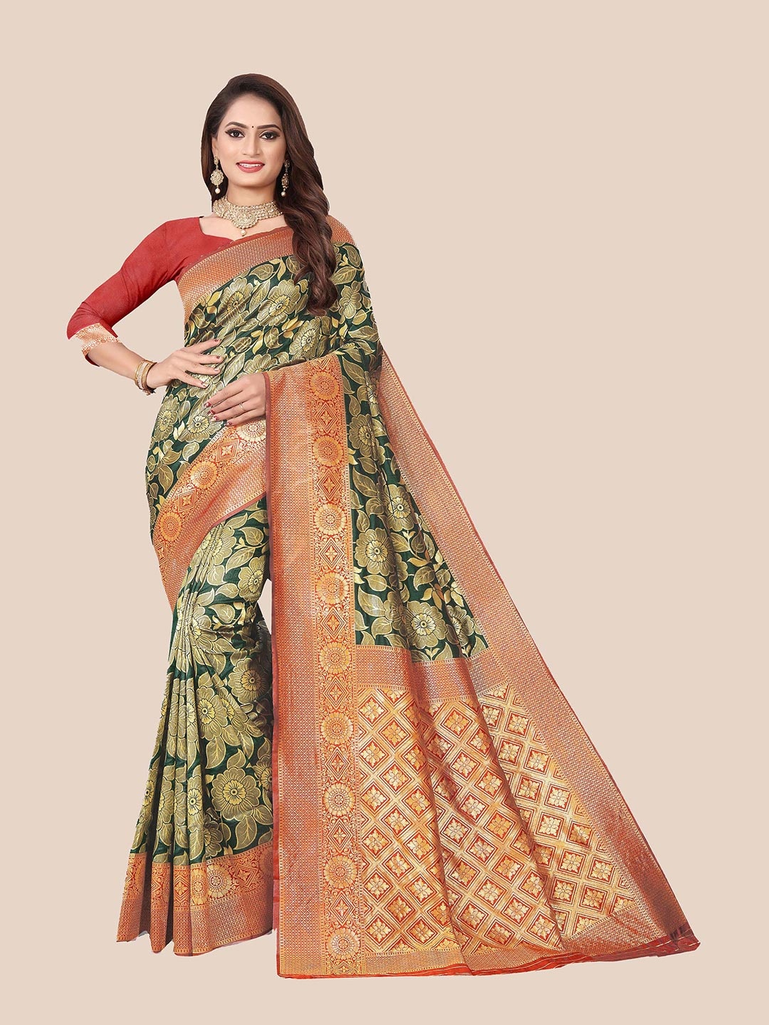 

Anjaneya Sarees Green & Red Woven Design Zari Silk Blend Saree