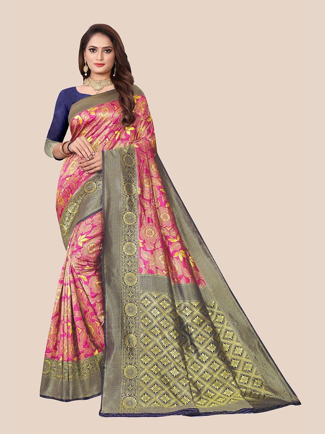 

Anjaneya Sarees Pink & Blue Woven Design Zari Silk Blend Saree