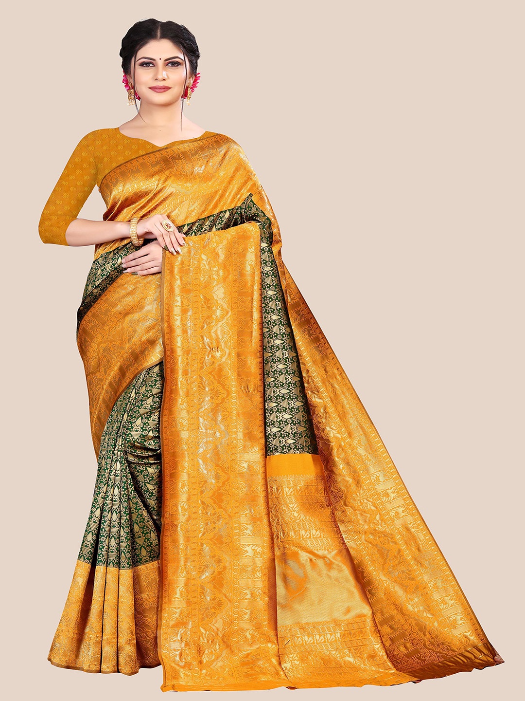 

Anjaneya Sarees Green & Mustard Woven Design Zari Silk Blend Saree