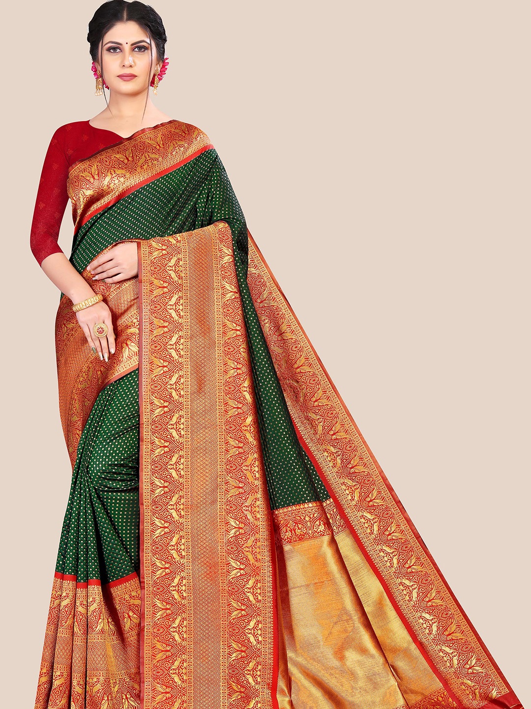 

Anjaneya Sarees Green & Red Woven Design Zari Silk Blend Saree