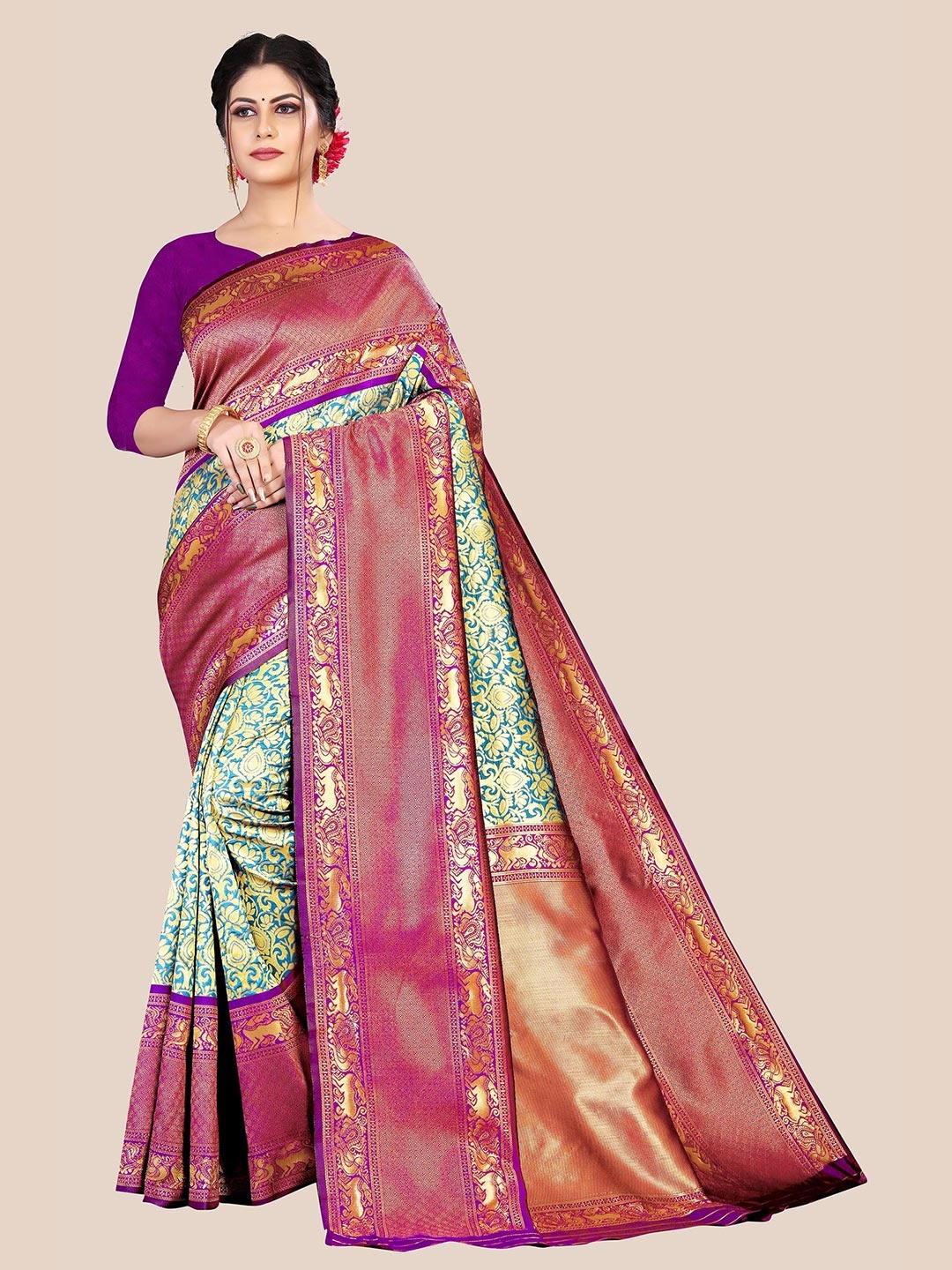 

Anjaneya Sarees Turquoise Blue & Purple Woven Design Zari Silk Blend Saree