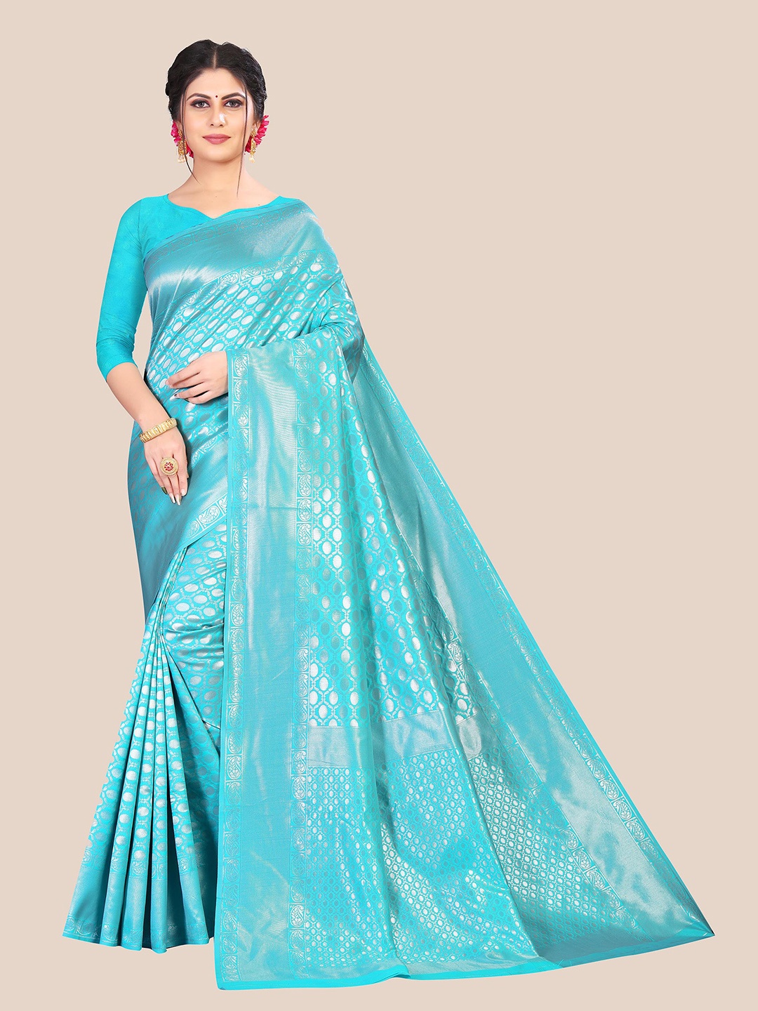 

Anjaneya Sarees Turquoise Blue & Silver-Toned Floral Zari Silk Blend Saree