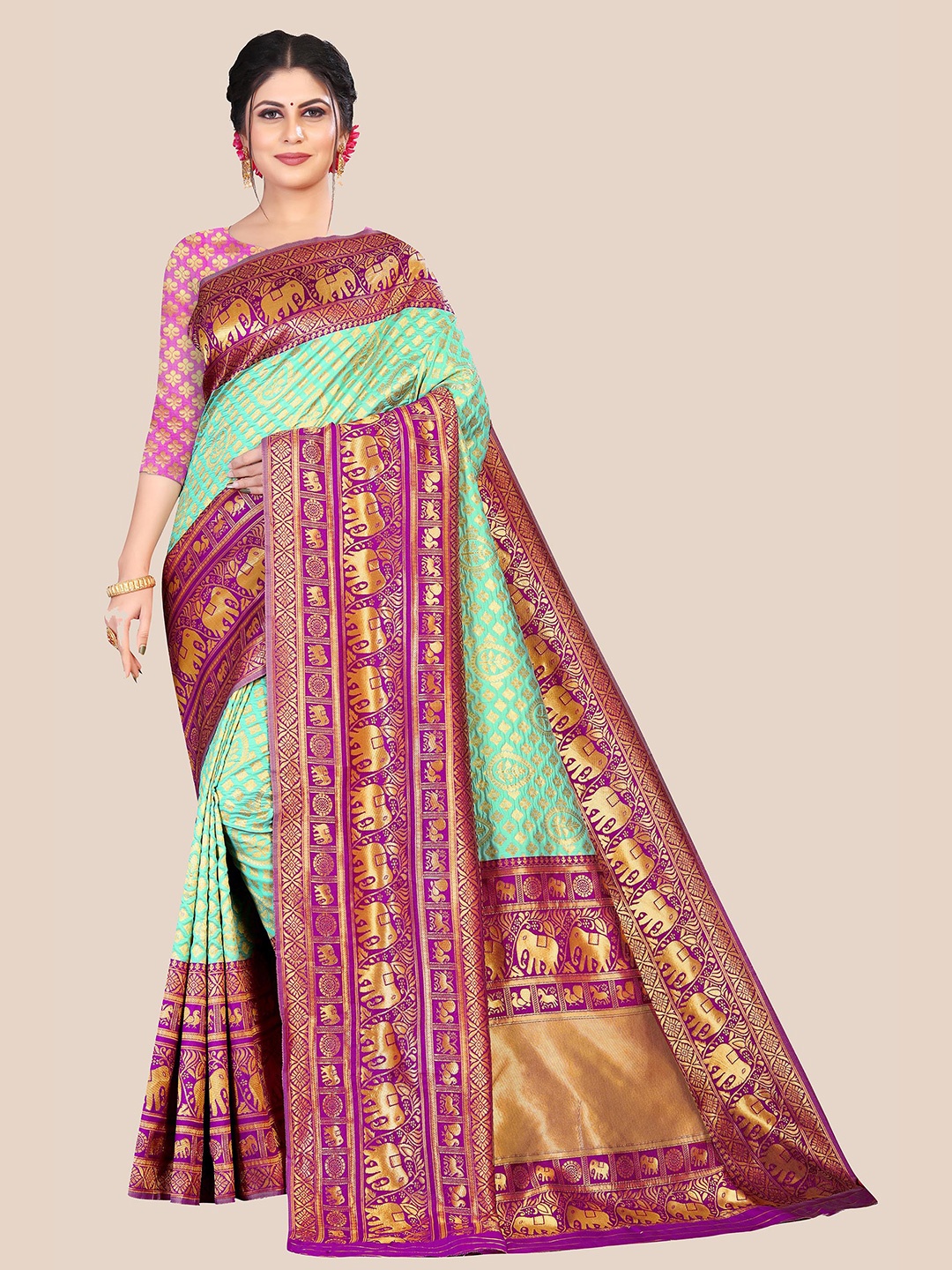 

Anjaneya Sarees Sea Green & Purple Woven Design Zari Silk Blend Saree