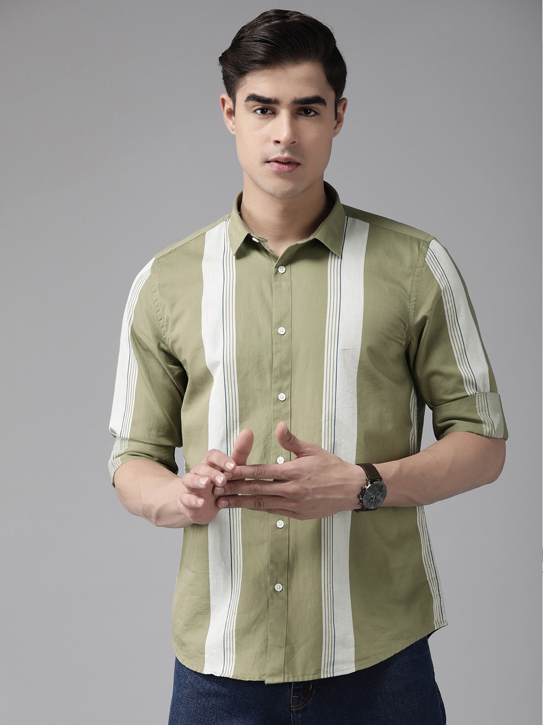 

Blackberrys Men Cotton Urban Slim Fit Striped Casual Shirt, Olive