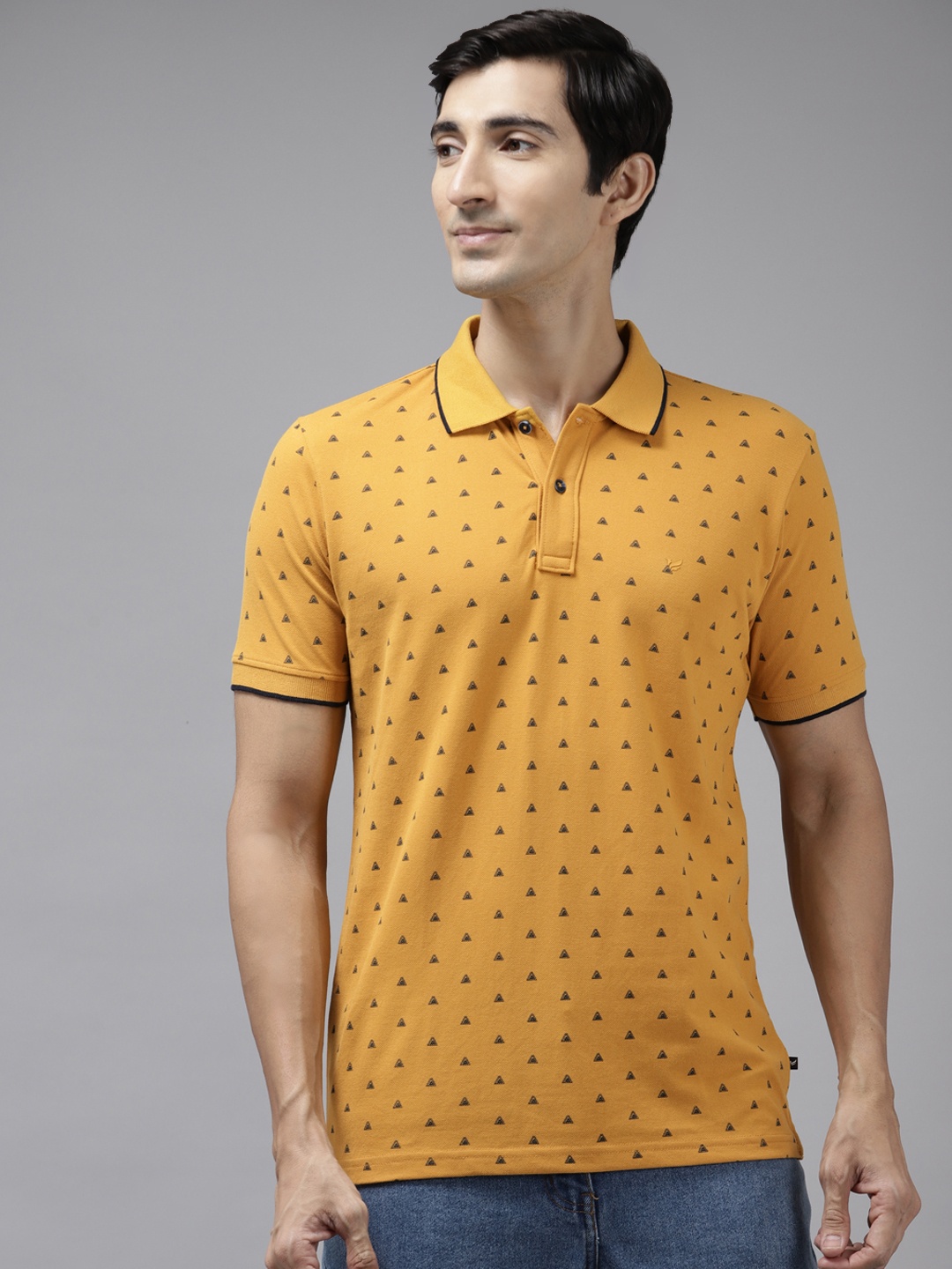 

Blackberrys Men Yellow & Navy Blue Printed Polo Collar Slim Fit T-shirt