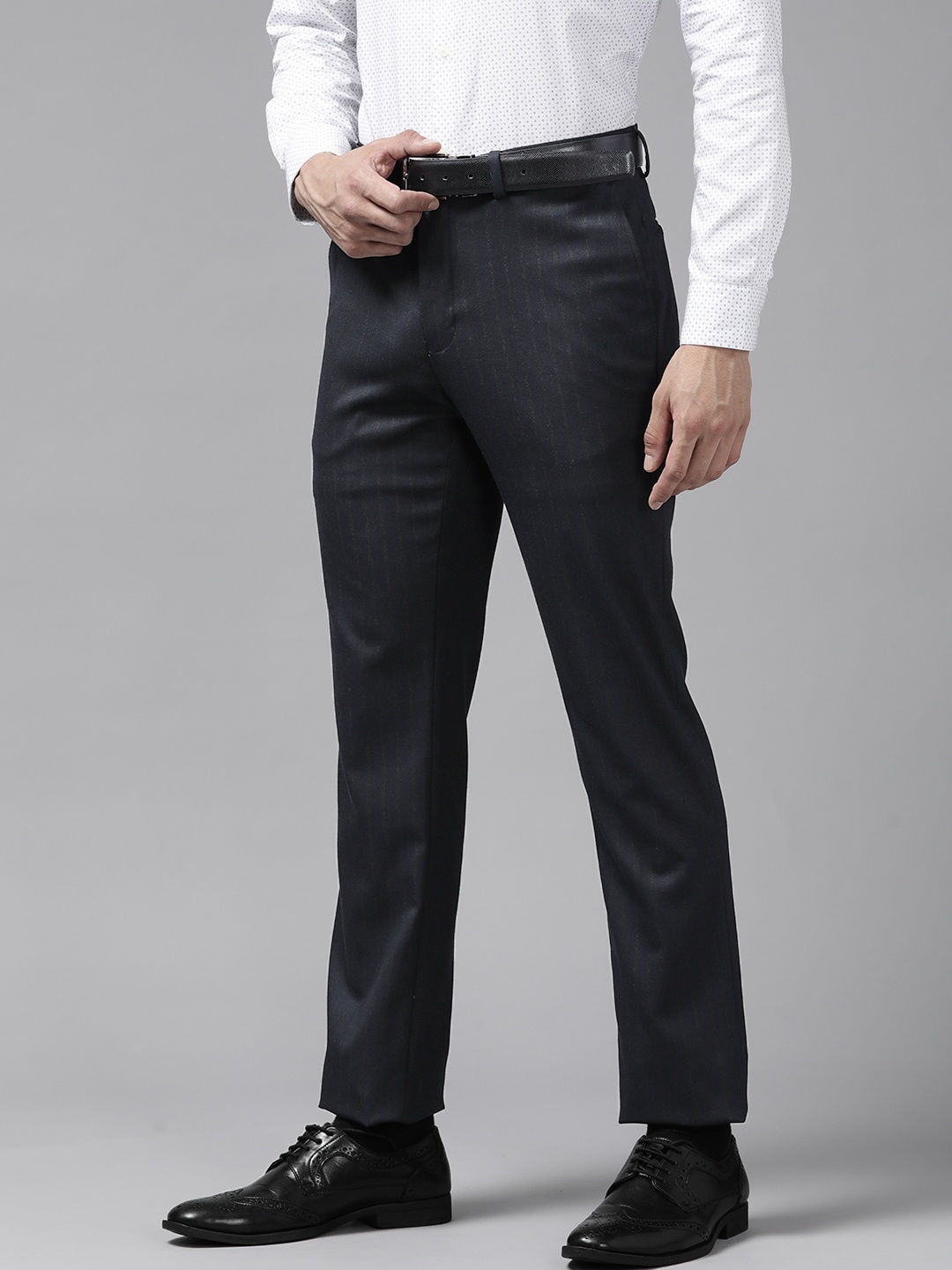 

Blackberrys Men Navy Blue & Black Striped Tapered Fit Low-Rise Trousers