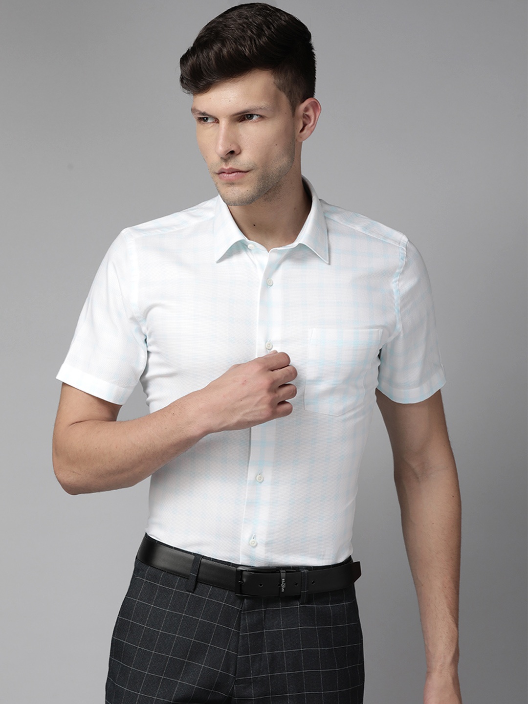 Blackberrys Men Blue & White Slim Fit Gingham Checks Pure Cotton Formal Shirt