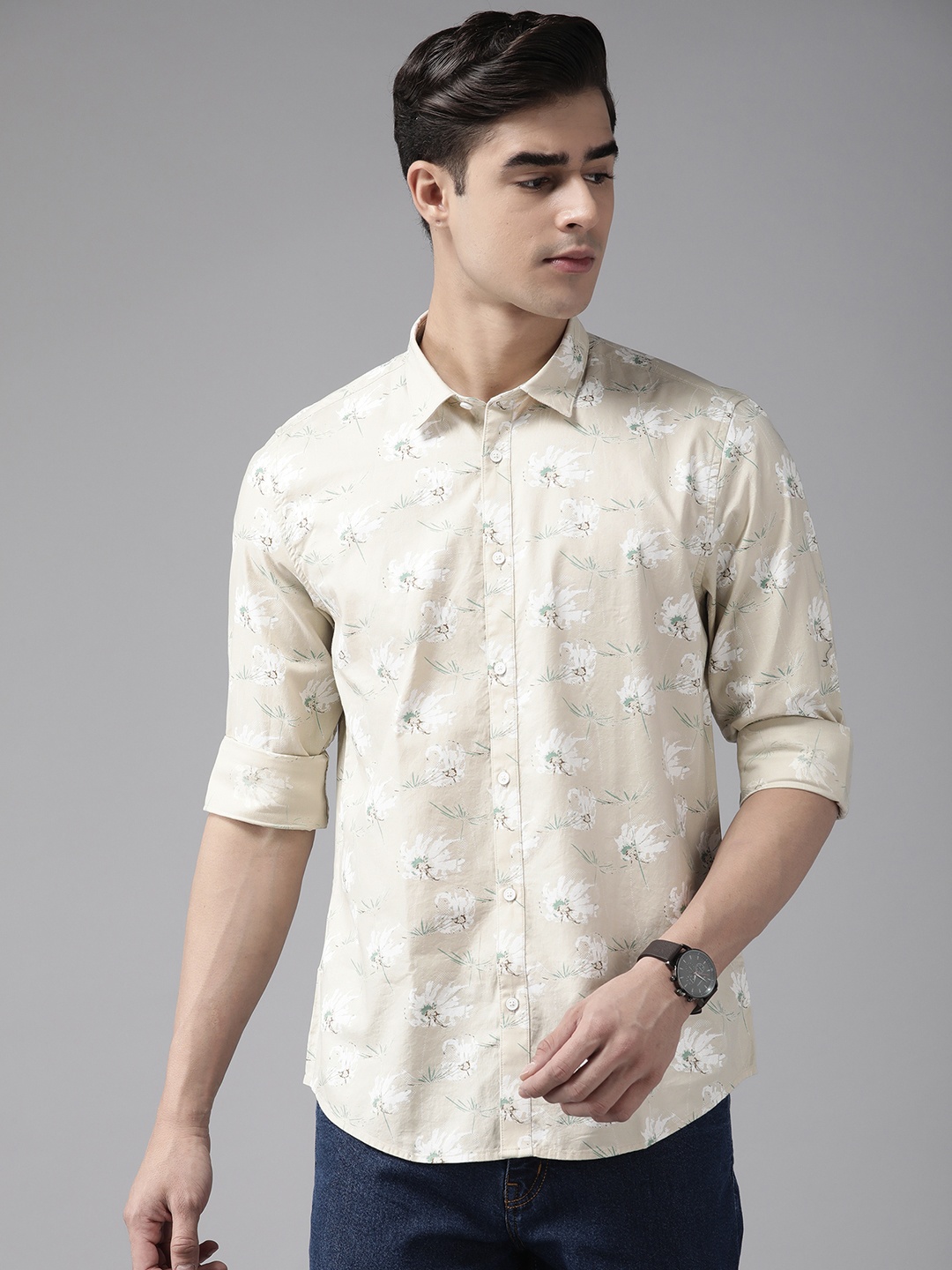 

Blackberrys Men Cotton Urban Slim Fit Floral Printed Casual Shirt, Beige