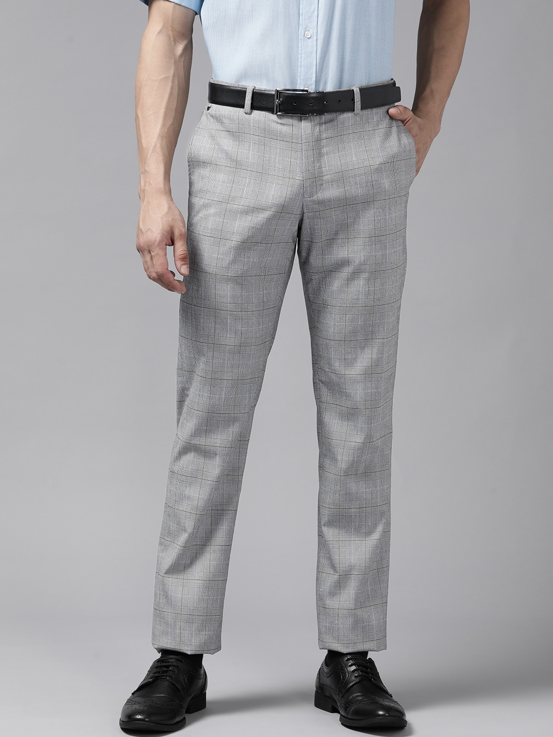 

Blackberrys Men Grey & Black Checked Slim Fit Trousers