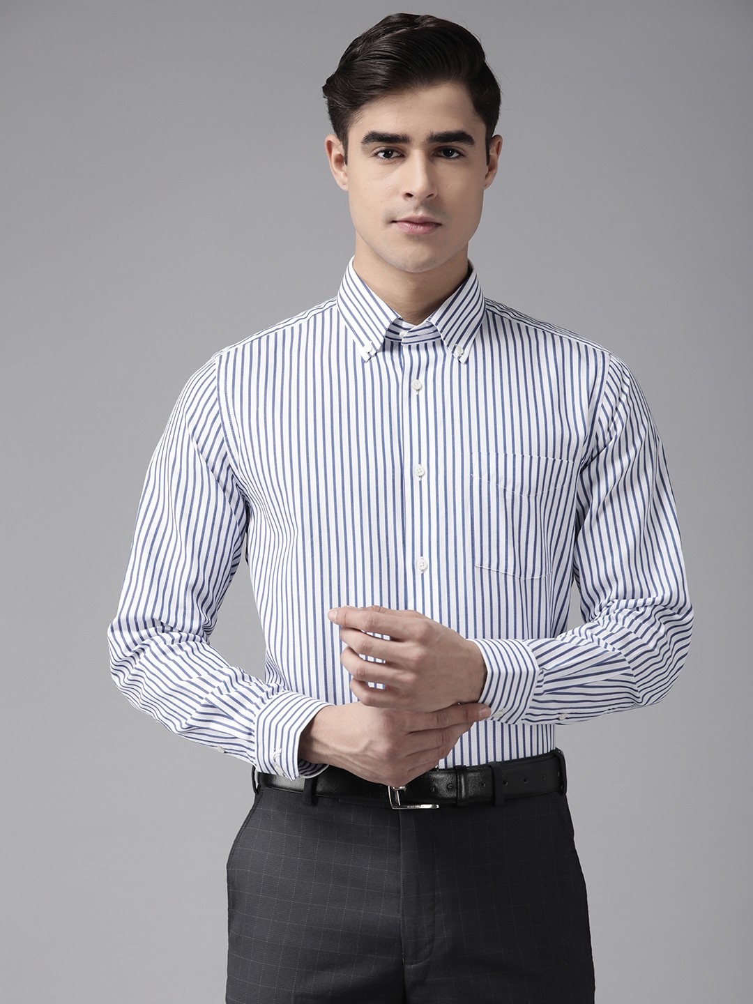 

Blackberrys Men Pure Cotton Slim Fit Striped Formal Shirt, White