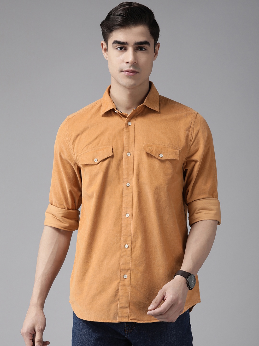 

Blackberrys Men Corduroy Pure Cotton Slim Fit Casual Shirt, Yellow