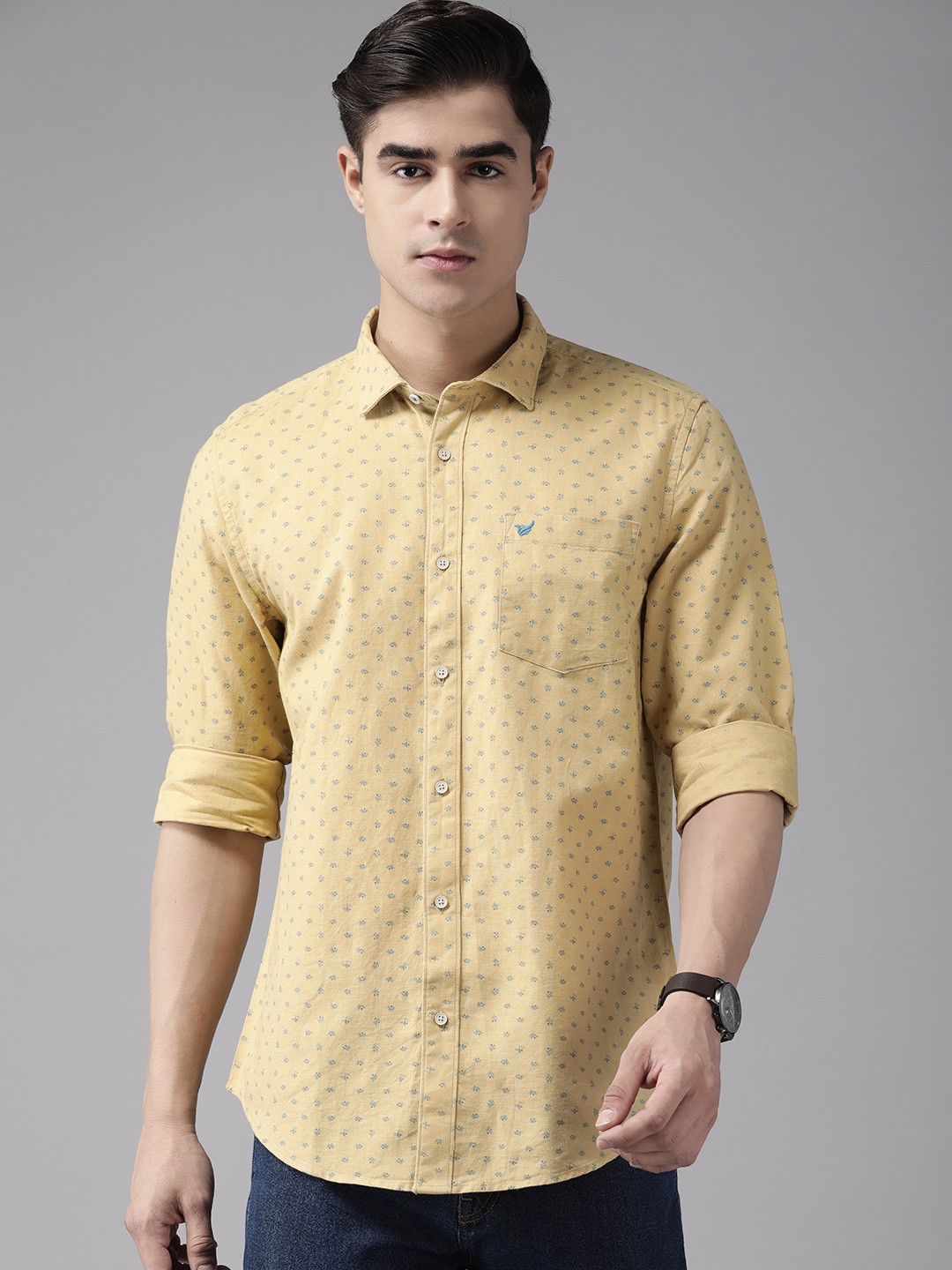 

Blackberrys Men Cotton Linen Slim Fit Printed Casual Shirt, Mustard