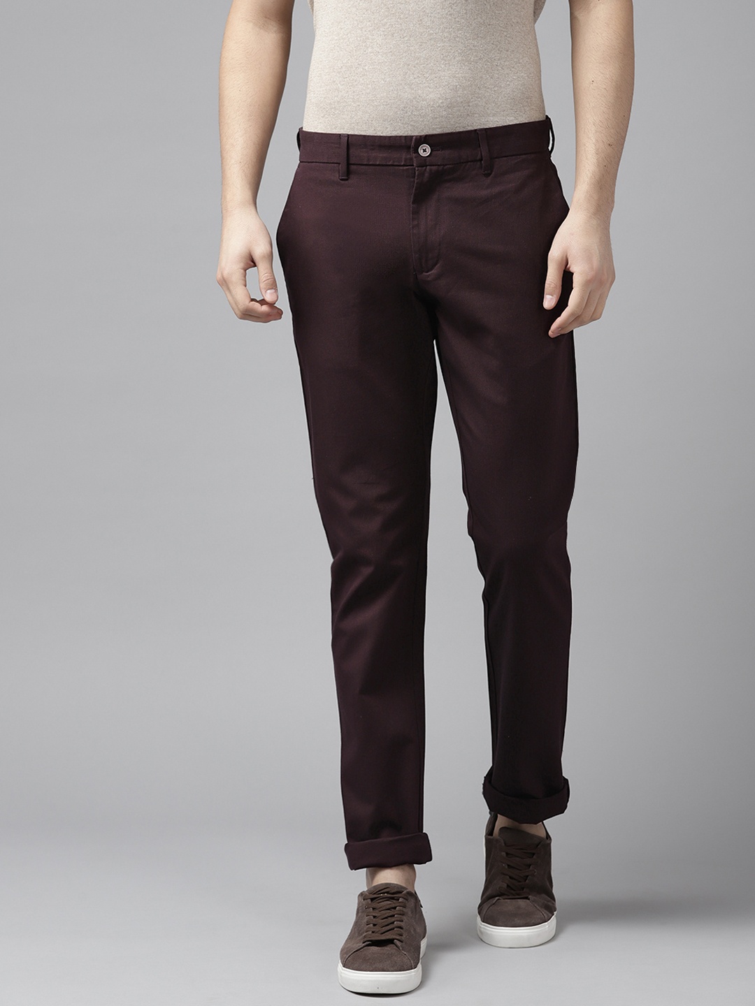 

Blackberrys Men Textured Slim Fit Trousers, Burgundy