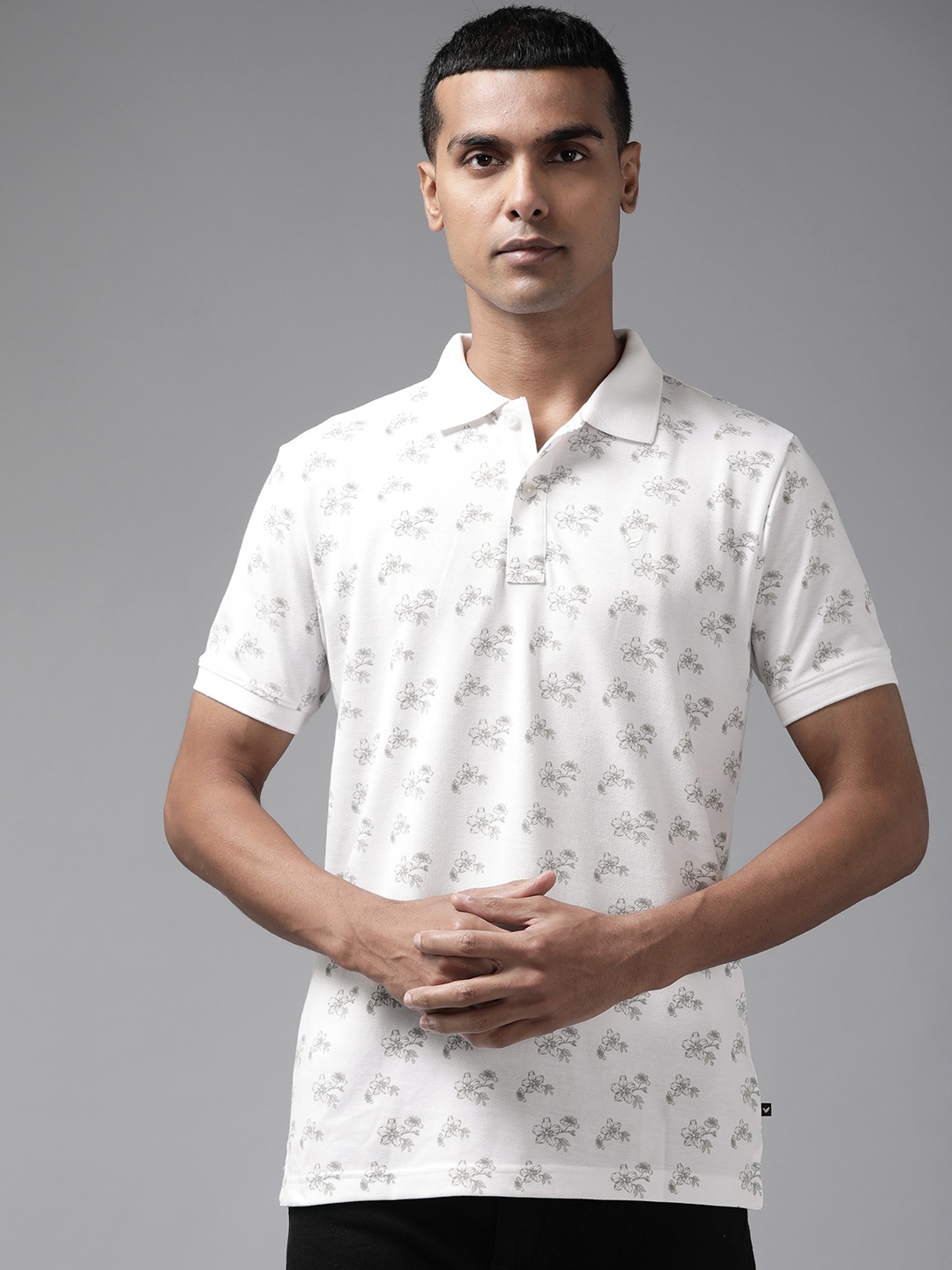

Blackberrys Men White & Grey Floral Printed Polo Collar T-shirt