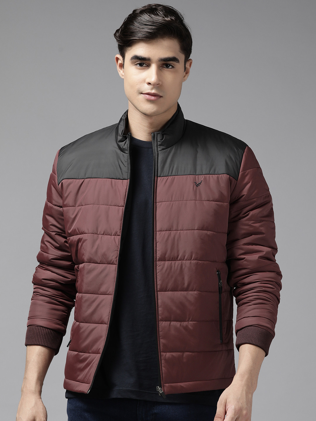 

Blackberrys Men Maroon & Black Slim Fit Colourblocked Quilted Jacket