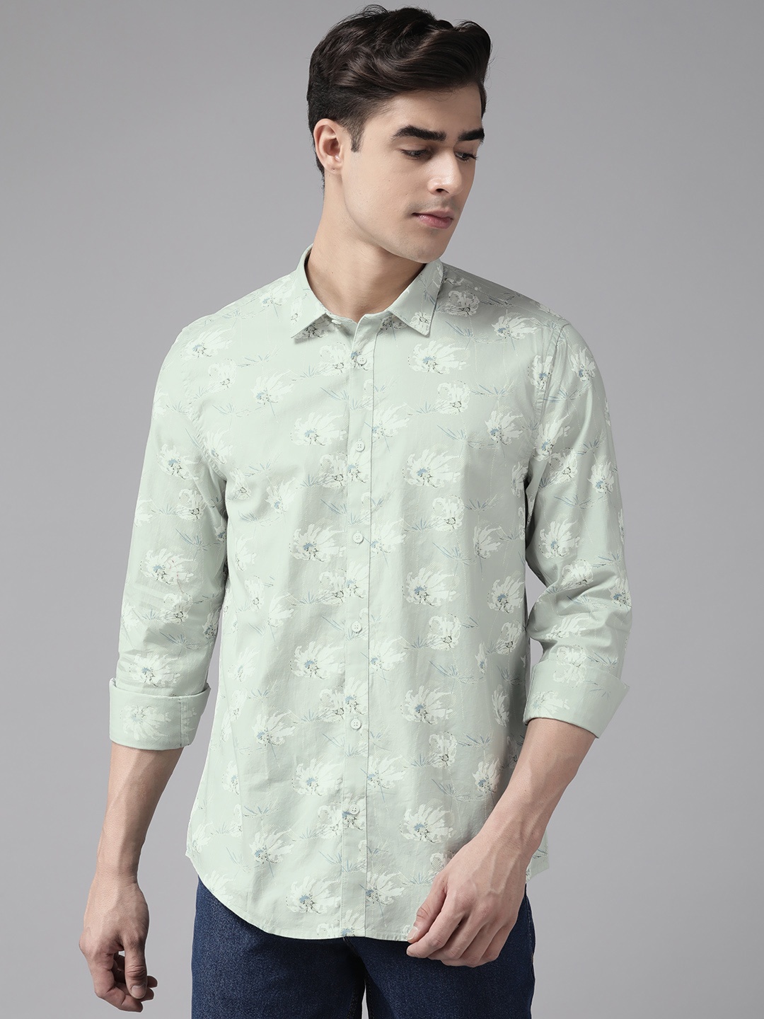 

Blackberrys Pure Cotton Floral Printed Slim Fit Casual Shirt, Green