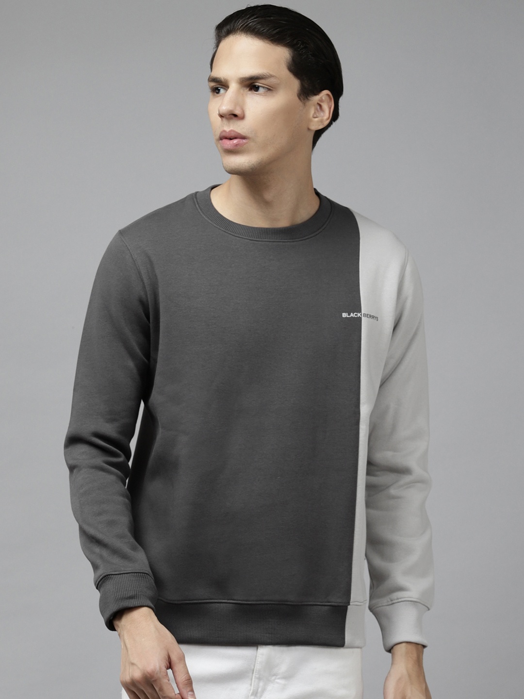 

Blackberrys Men Charcoal Grey & Off-White Colourblocked Sweatshirt