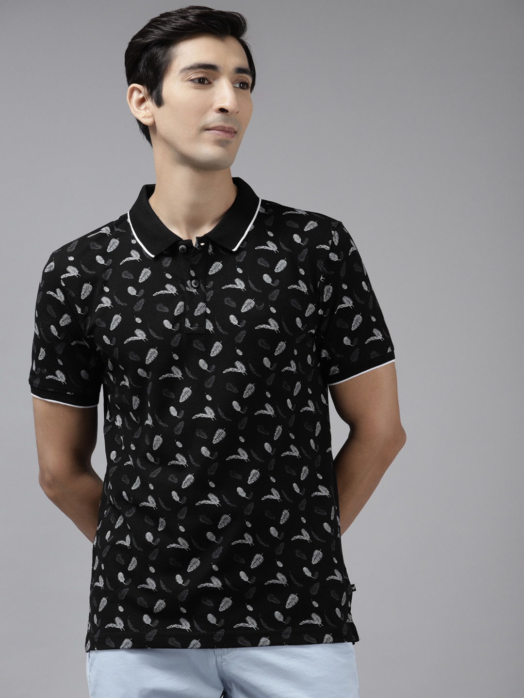 

Blackberrys Men Black & Grey Tropical Printed Polo Collar T-shirt