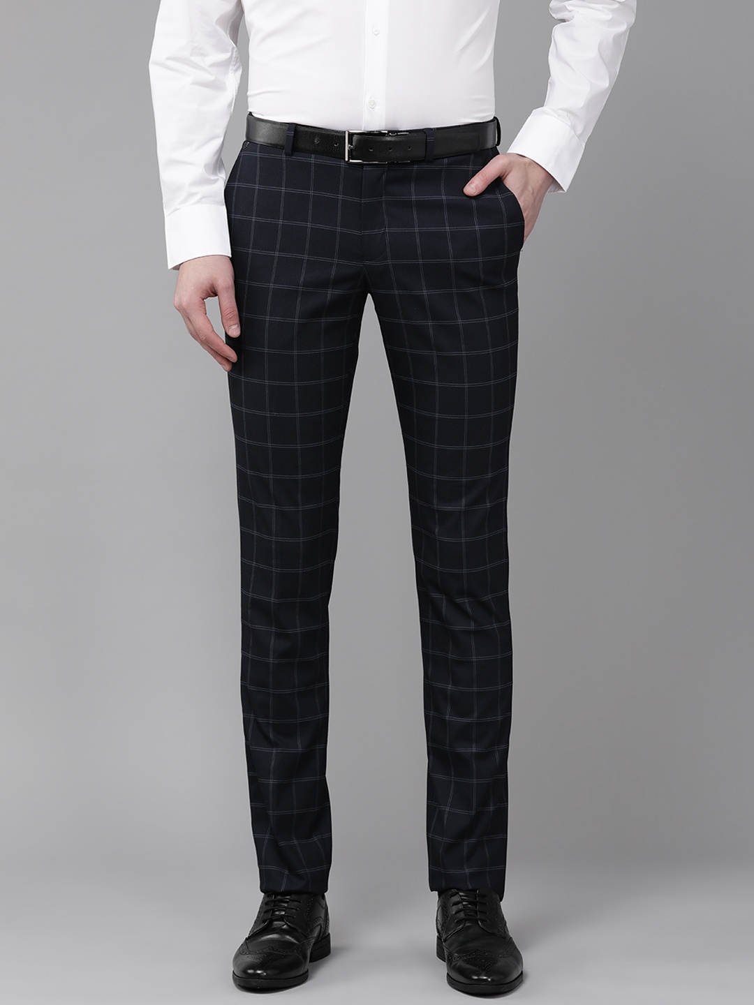 

Blackberrys Men Navy Blue Checked Skinny Fit Trousers
